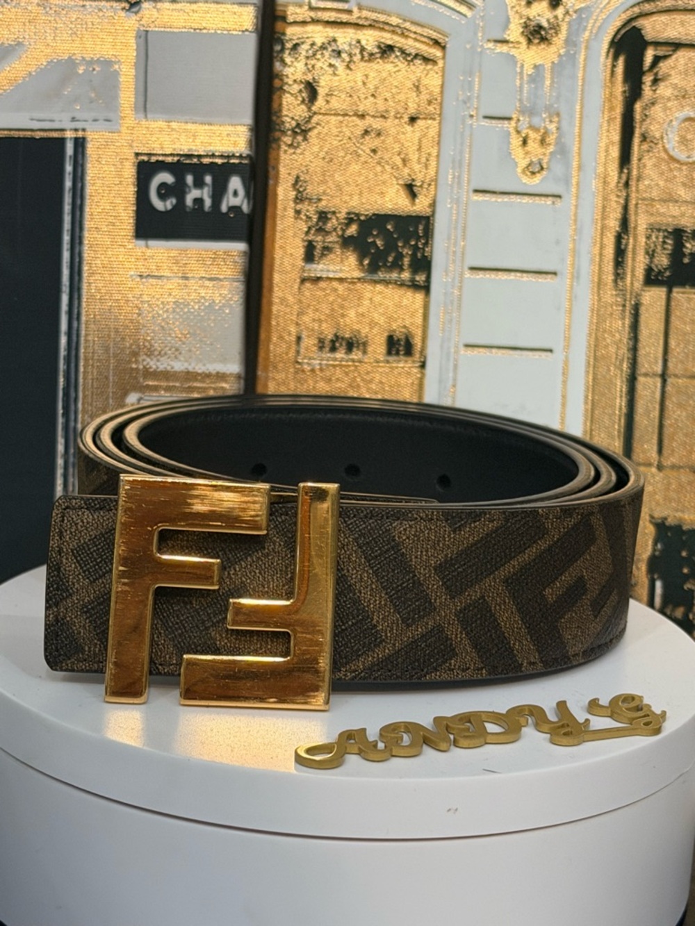 Fendi Reversible Logo Belt in Brown Monogram with Gold Buckle